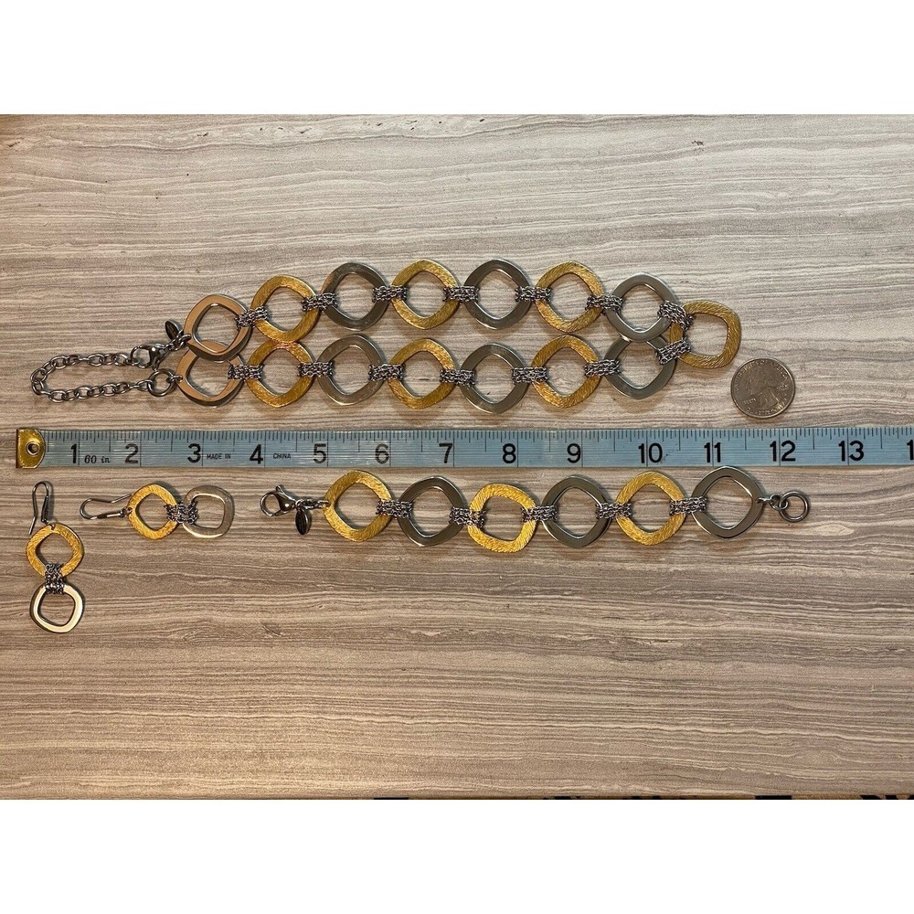 QVC Steel By Design Two Tone 28” Necklace & 8” Bracelet Earrings Rounded Square - Picture 12 of 16